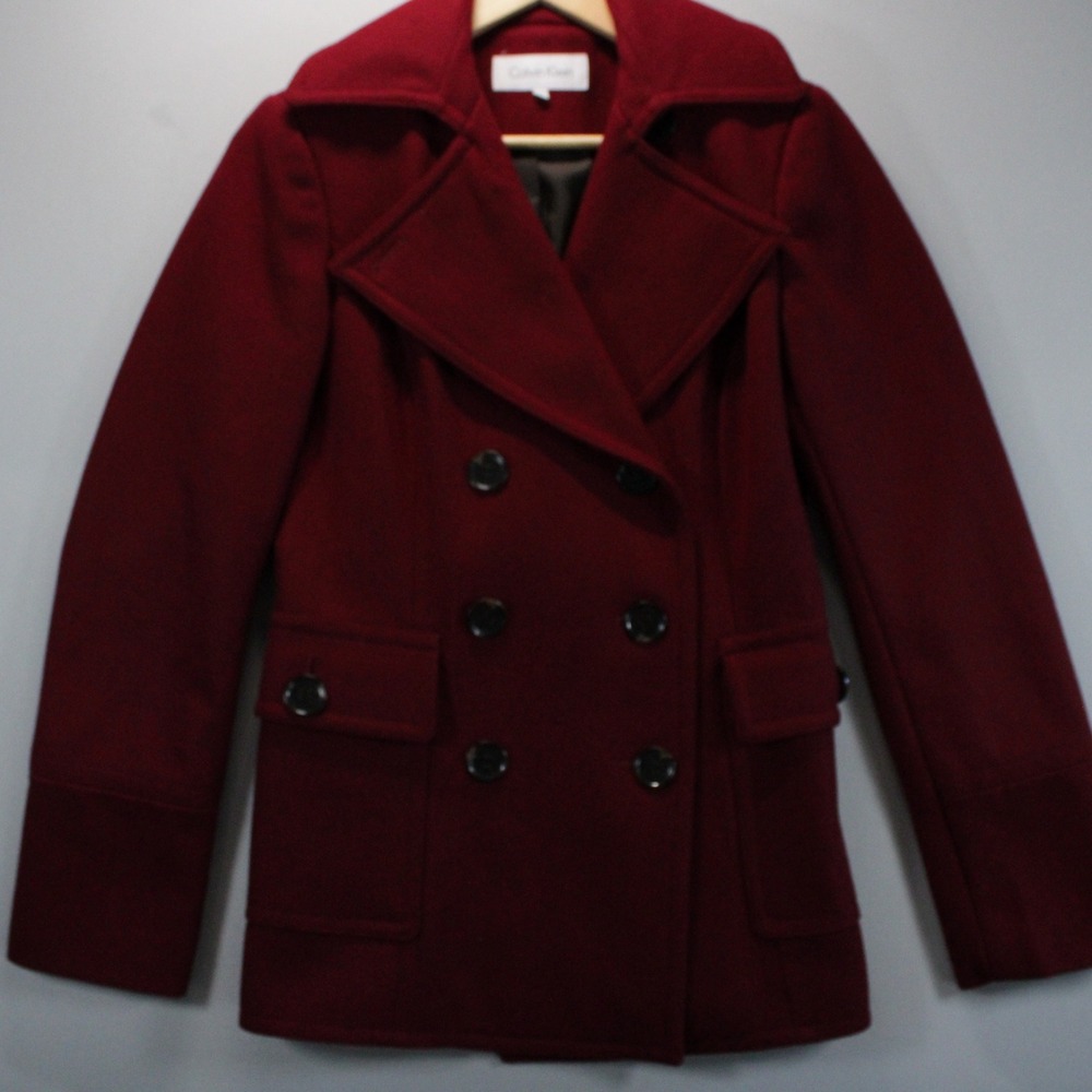 Calvin Klein Burgundy Red Wool Blend Double Breasted Pea Coat Size 2 Winter Fall